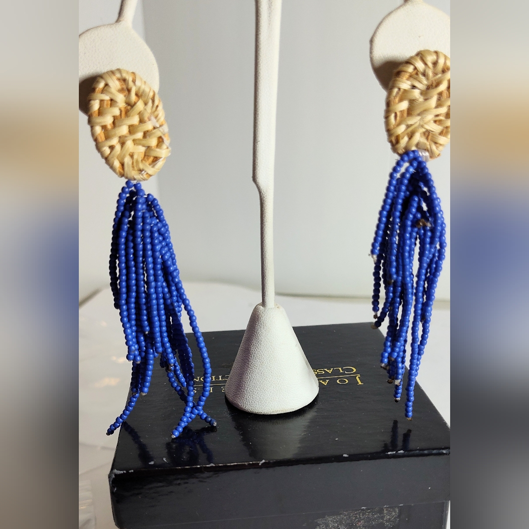 Raffia And Blue Beaded Tassel Earrings Nwot